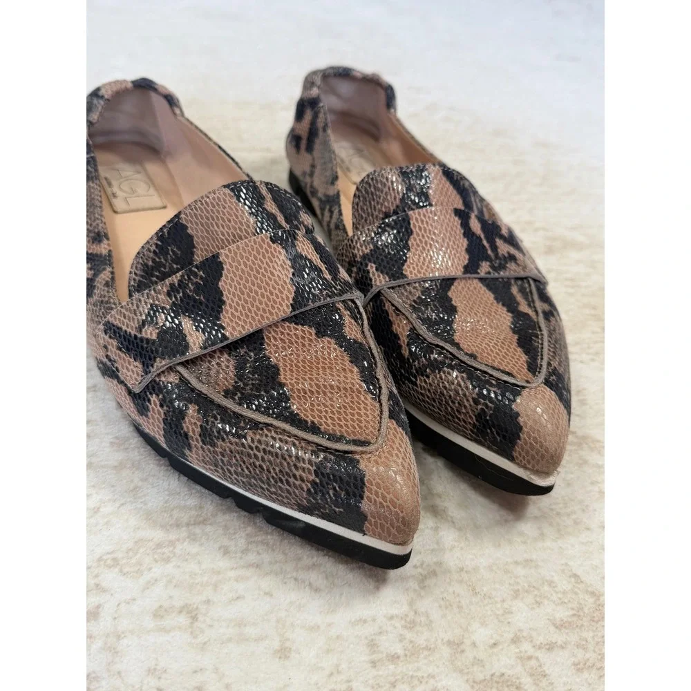 AGL Attilio Giusti Leombruni Snakeskin Pointed Toe Loafers N538078 Brown 40.5